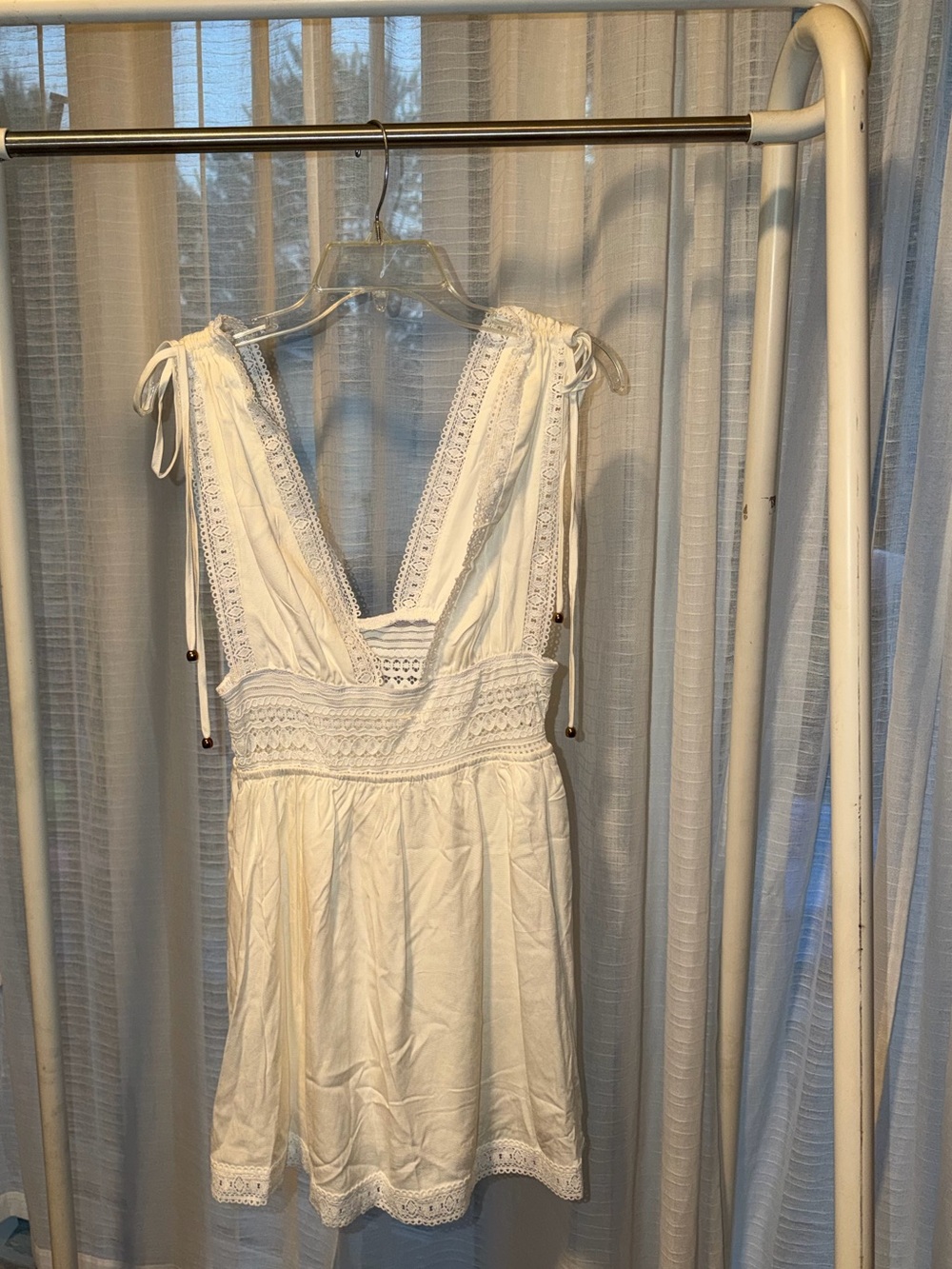 SHEIN White Lace-Trim V-Neck Tie-Shoulder Mini Dress